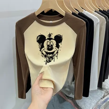 2024新款春季长袖t恤女撞色米奇印花设计感修身显瘦打底衫内搭秋图片