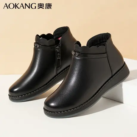 奥康女靴冬季新款妈妈棉鞋真皮短靴平底加绒加厚平底保暖女士皮鞋商品大图