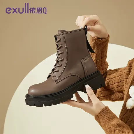 exull/依思Q黑色短靴时尚短靴2023秋季新款系带欧美风潮流时装靴商品大图