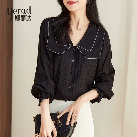 娅丽达黑色衬衫女2024年春秋新款宫廷风娃娃领荷叶袖小衫长袖衬衣商品大图