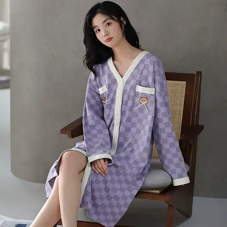 婷美春秋睡裙女纯棉长袖开衫中长款简约条纹睡衣全棉家居服可外穿商品大图