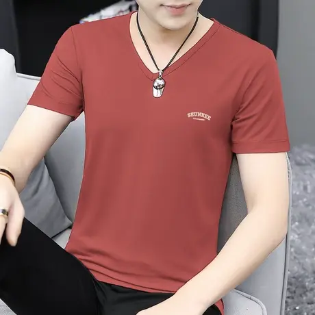 莫代尔冰丝短袖t恤男潮牌V领上衣服潮流夏季透气速干凉感半袖体恤商品大图