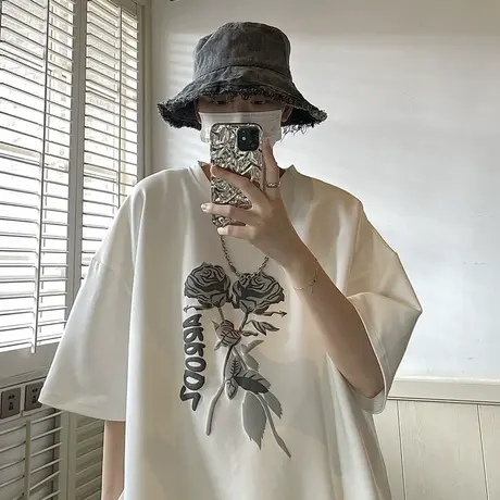 短袖t恤男夏季薄款圆领宽松休闲半袖潮流玫瑰印花夏装纯棉体恤衫商品大图