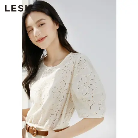 蓝色倾情春秋季新款花朵镂空灯笼袖优雅小衫宽松短袖衬衫女商品大图