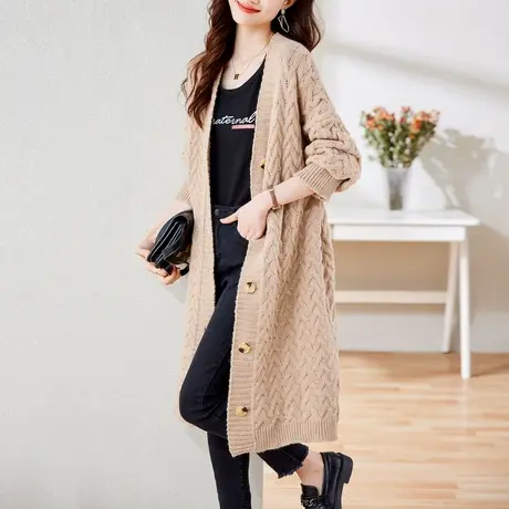时尚气质针织长款毛衣开衫2022年秋冬季新款淑女温柔宽松中款外套图片