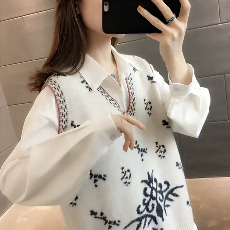 文艺复古提花针织马甲女V领套头无袖背心春秋款宽松线衣坎肩女装商品大图