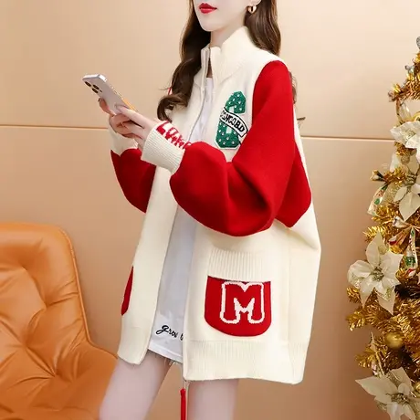 设计感立领毛衣开衫女2023新款秋冬季爆款宽松慵懒风加厚针织外套图片