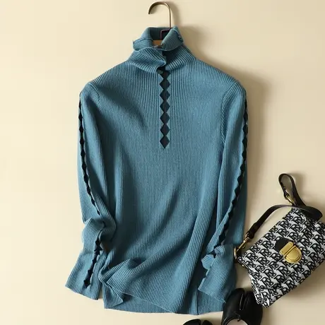 秋冬新款纯色堆堆高领毛衣女时尚蕾丝洋气针织衫修身显瘦打底上衣商品大图