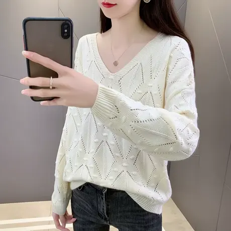 2023新款秋冬女士毛衣打底衫上衣V领宽松套头长袖针织百搭V镂空商品大图