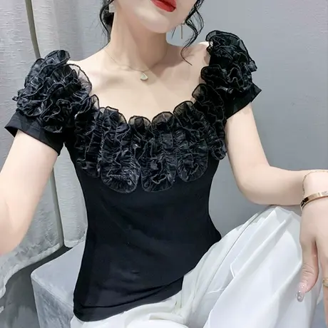 性感一字领T恤女短袖高级感荷叶边洋气上衣心机露肩小衫漂亮体恤商品大图