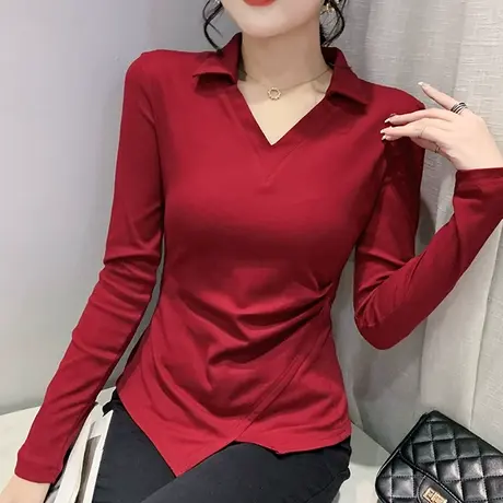 欧货设计感开叉T恤女长袖2023春秋新款洋气上衣百搭修身显瘦小衫图片