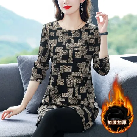 加绒加厚中长款打底衫女2023秋冬装大码时尚洋气妈妈上衣保暖小衫商品大图