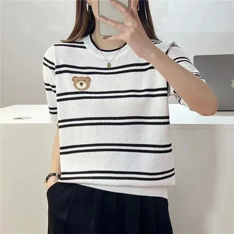 圆领短袖女洋气2023夏季新款宽松小熊条纹薄款t恤洋气套头百搭女商品大图