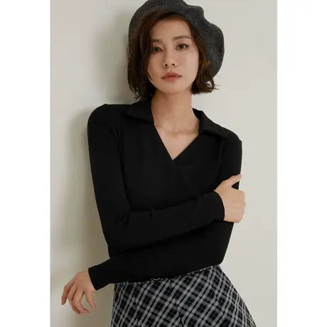弥古黑色polo领针织衫上衣女显瘦法式长袖t恤2023新款秋季打底衫商品大图