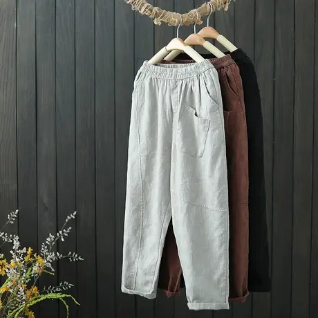 文艺复古拼接棉麻九分裤女春季新品松紧腰宽松显瘦休闲百搭哈伦裤图片
