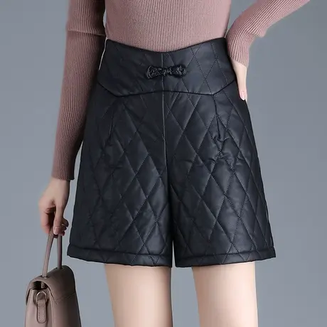 加厚加棉PU皮裤女冬季2023新款高腰显瘦阔腿短裤外穿时尚休闲靴裤商品大图