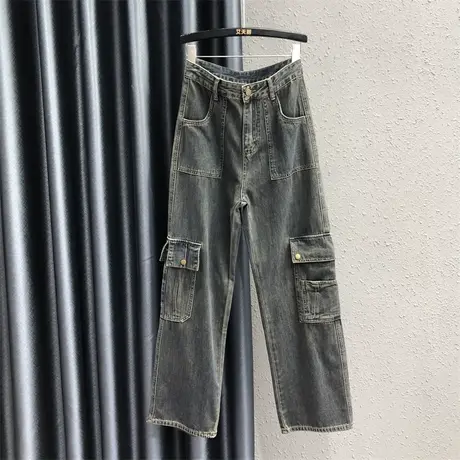 欧洲站个性大口袋设计工装牛仔长裤女秋季新款高腰宽松显瘦直筒裤图片