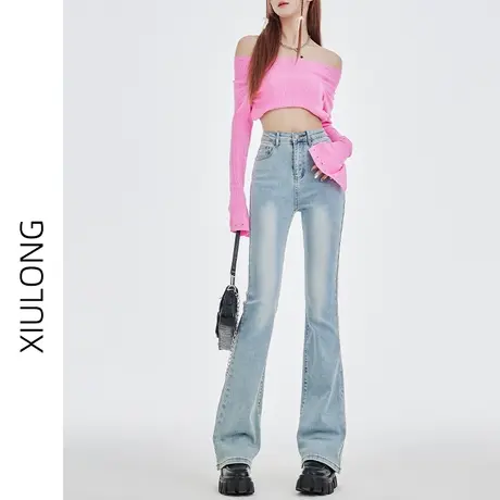 复古高腰微喇牛仔裤女春秋季2023年新款显瘦修身美式喇叭裤子春秋商品大图