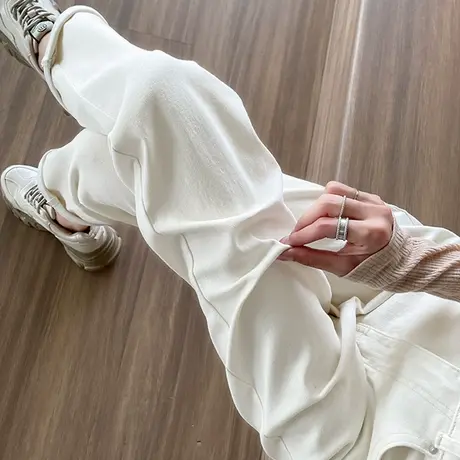 白色直筒牛仔裤女2023年春秋新款高腰宽松显瘦ins百搭卷边烟管裤商品大图