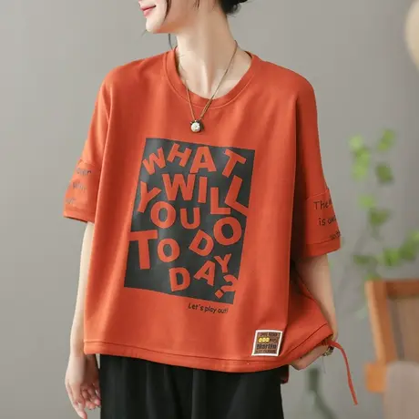 dza复古字母纯棉T恤女2023夏季薄款短袖打底体恤宽松显瘦套头上衣商品大图