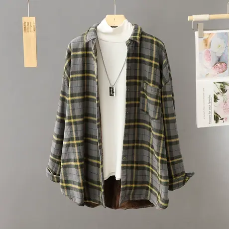 格子衬衫外套女加绒加厚冬季2023新款设计感小众复古休闲衬衣保暖图片