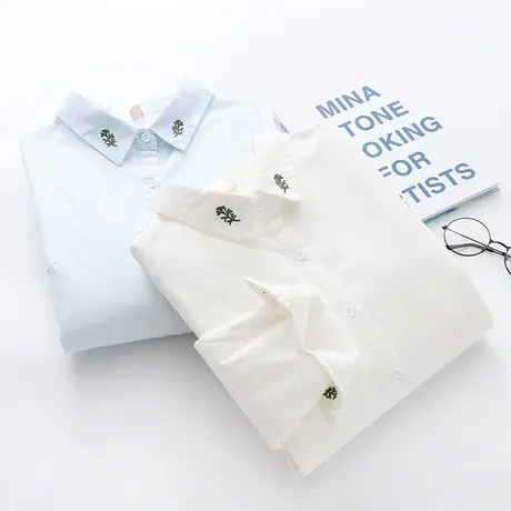 秋冬新款韩版文艺小清新绣花加厚纯棉白色衬衫女学生加绒打底衬衣图片