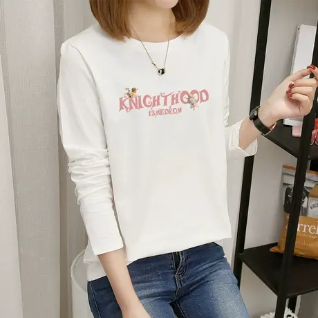 白色t恤女长袖纯棉韩版宽松上衣服2022年秋装新款小众打底衫体恤图片