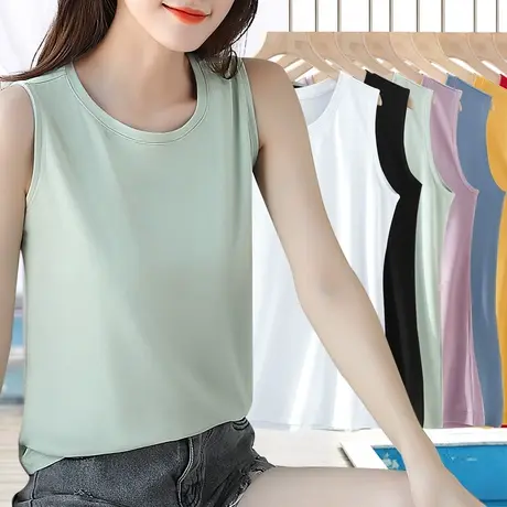浅绿色无袖上衣女夏季大码外穿宽松显瘦纯棉基础圆领内搭吊带背心图片