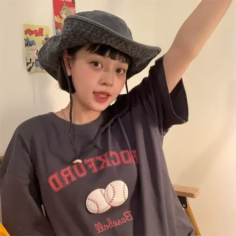 红续美式复古印花短袖t恤女夏季2023年新款时尚正肩宽松纯棉上衣商品大图