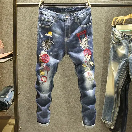 高端刺绣牛仔裤男潮牌修身小脚裤国潮风夏韩版高街裤子男弹力薄款商品大图