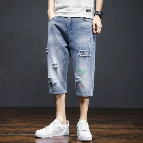夏季男士牛仔裤宽松直筒百搭薄款弹力破洞印花七分裤短裤子男港风图片