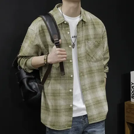 格子衬衫男长袖高级感秋季2023新款宽松休闲男士日系衬衣春秋外套图片