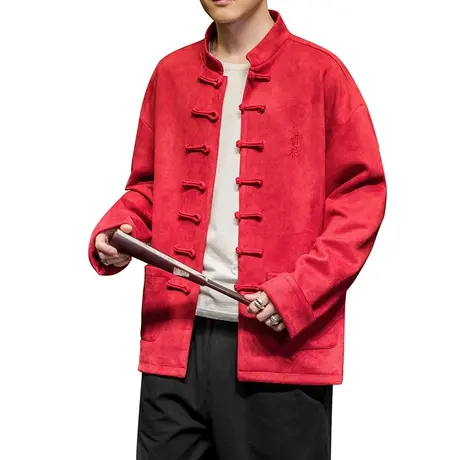 中国风秋季唐装男刺绣长袖中式盘扣鹿皮绒外套国潮情侣上衣男宽松商品大图