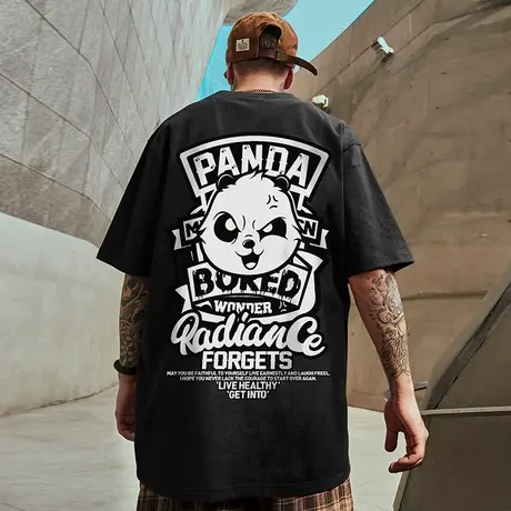 2023新款熊猫潮牌胖子男加肥加大码国潮宽松短袖T恤男款胖人半袖图片