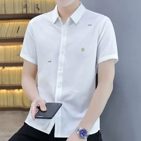 白色短袖衬衫男设计感小众印花夏季男士新款衬衣高级感男装白寸衫图片