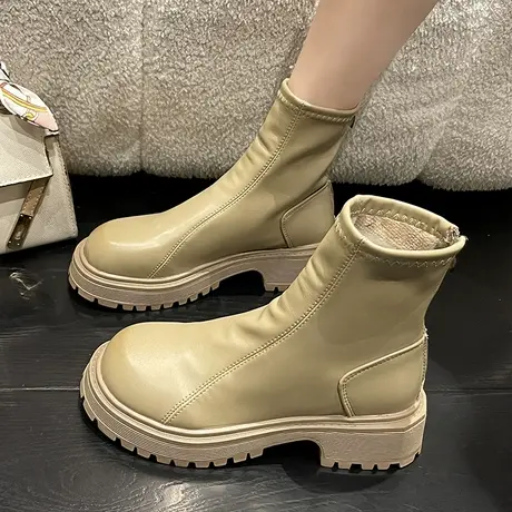厚底马丁靴女2023秋冬新款短靴网红烟筒靴百搭后拉链瘦瘦切尔西靴商品大图