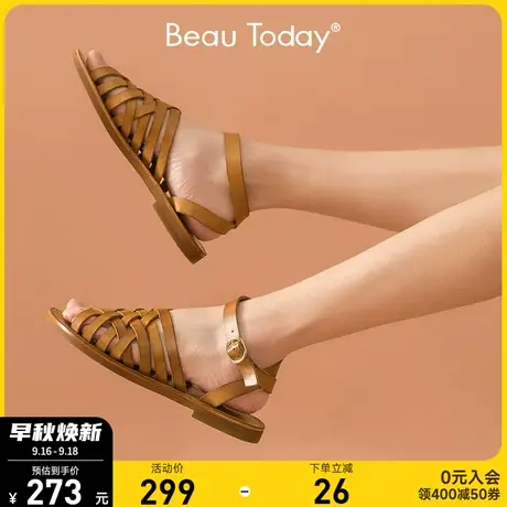 BeauToday平底凉鞋女鞋夏季罗马凉鞋真皮英伦风编织复古软皮ins潮商品大图