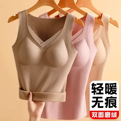卡其色无痕保暖内衣女秋冬带胸垫一体式免穿文胸居家睡觉穿的女土商品大图