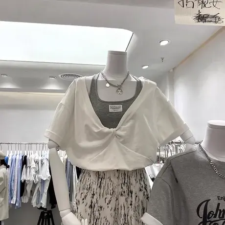 2021夏季新款设计感扭结拼接吊带背心假两件短袖短款T恤女上衣潮图片
