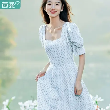 茵曼法式连衣裙清纯甜美夏季2023女装新款方领收腰碎花裙子长裙图片