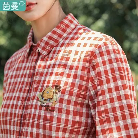 茵曼棉麻格子衬衫女士长袖绣花2023秋季新款复古女款亚麻料衬衣图片