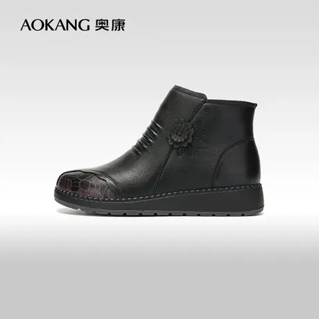 【门店发货】奥康女鞋 2023冬季新款加绒保暖妈妈靴平底舒适短靴图片
