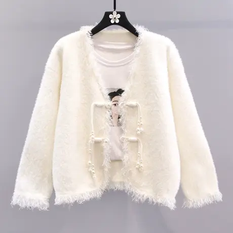 小香风流苏盘扣水貂绒毛衣外套女秋冬2023新款高级感温柔针织开衫商品大图