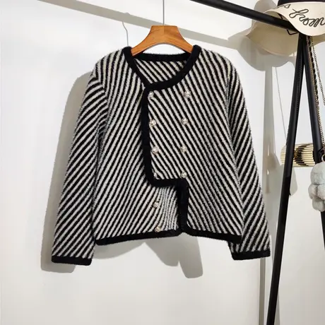 小香风毛衣开衫女秋冬新款宽松圆领双排扣斜条纹针织衫上衣短外套商品大图