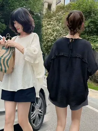 小众设计感甜美轻熟风圆领套头衬衫夏女宽松中袖气质五分袖上衣潮商品大图