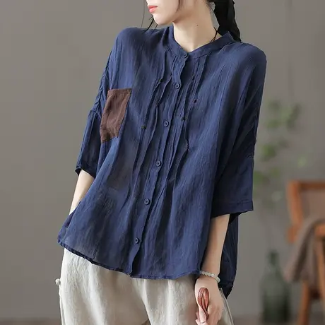 dza 复古高端苎麻短袖上衣女士短袖衬衣夏季薄款宽松开衫棉麻衬衫图片