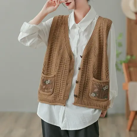 dza 复古宽松针织V领毛衣马甲女士春秋新款外搭棉线马夹背心上衣图片