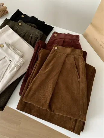 棕色阔腿灯芯绒裤女时髦复古松紧高腰大裤腿拖地裤子2023秋冬新款商品大图