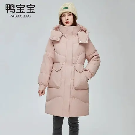 鸭宝宝2023秋冬新款女士中长款羽绒服气质收腰大口袋设计简约休闲商品大图