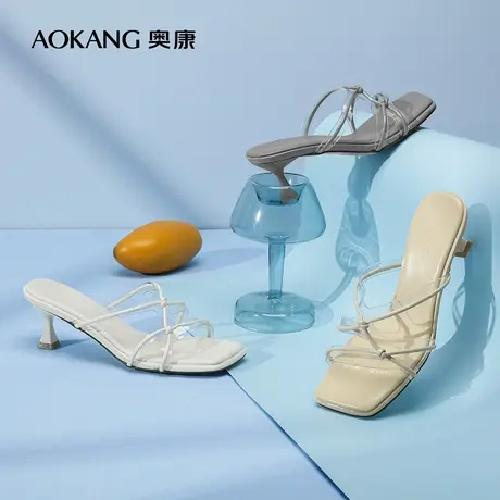 【门店发货】奥康拖鞋 新款时尚坡跟一字拖气质猫跟女鞋图片